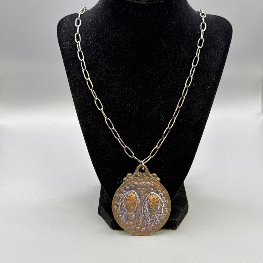 VTG LRG ROUND DOUBLE SIDED COPPER FISH & ZODIAC WHEEL PENDANT NECKLACE